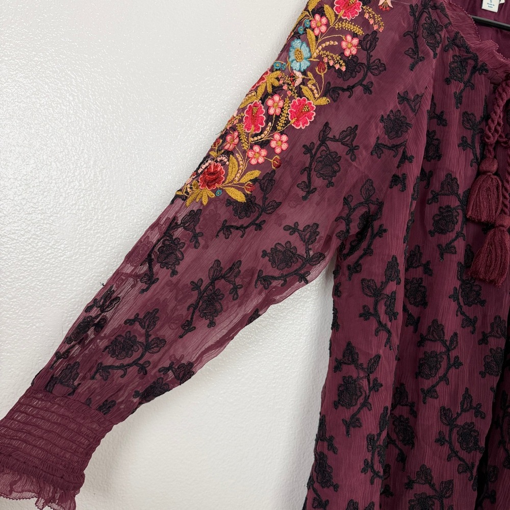 Sundance Top Womens Small Burgundy Floral Embroidered Tassel Tie Long Sleeve - Picture 4 of 13